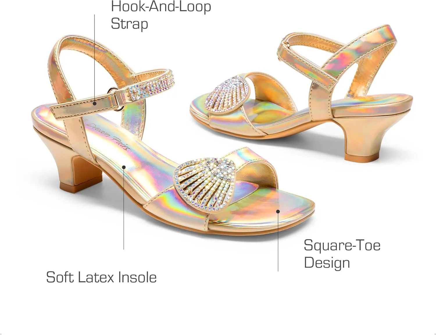 DREAM PAIRS Girls Sandals Ankle Strap Square Toe Low Heel Crystal Shell Wedding Party Flower Dress Shoes for Little Kids/Big Kids