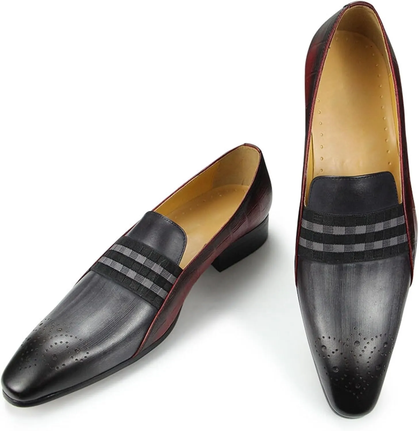 Dress Shoes for Men Men's Cowhide Loafers Casual Formal Leather Shoes for Parties and Weddings Gray Red Striped Design