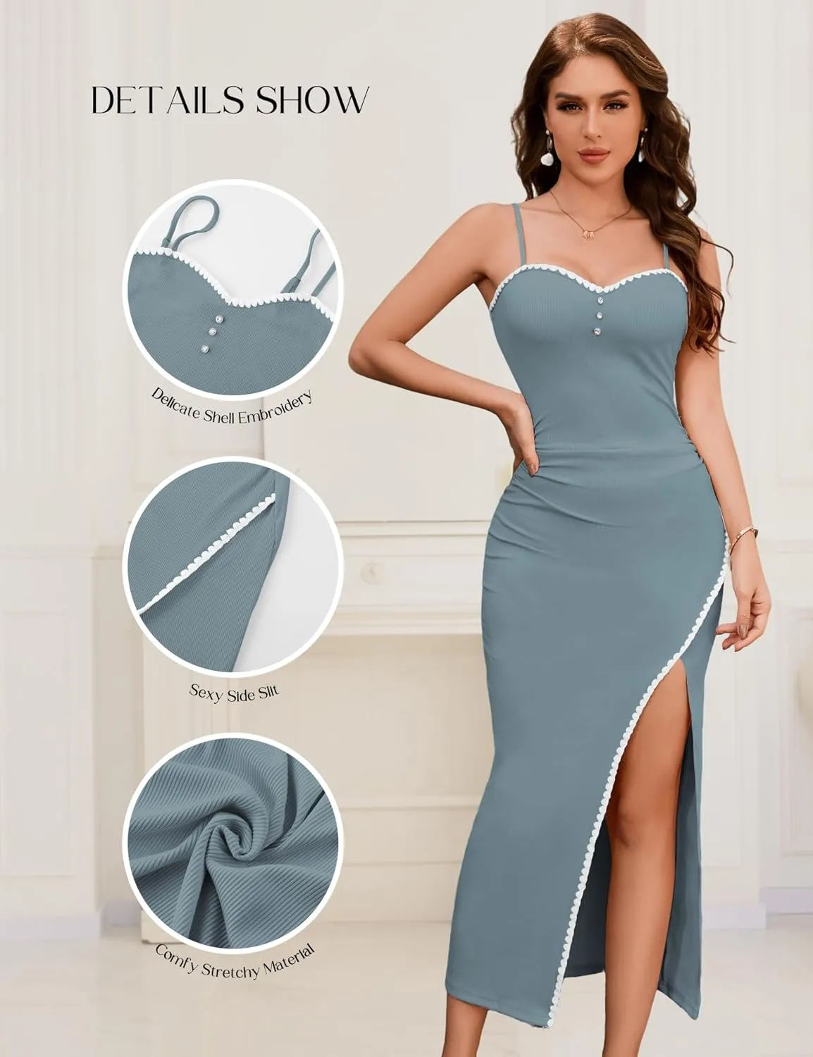 Dressystar Womens Spaghetti Strap Bodycon Formal Maxi Dress 2025 Summer Ribbed Sleeveless High Slit Embroidery Long Dresses