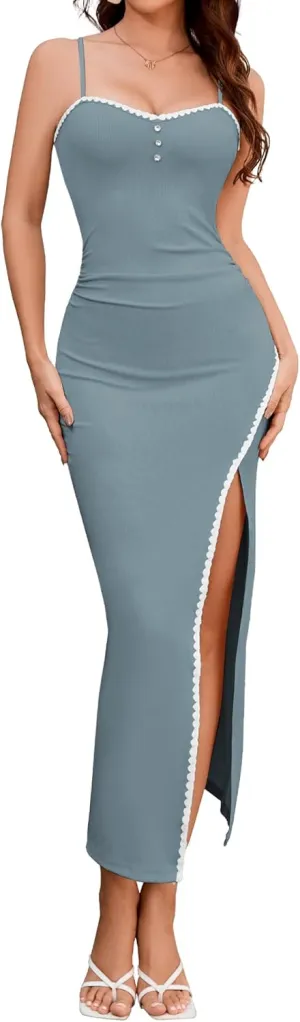 Dressystar Womens Spaghetti Strap Bodycon Formal Maxi Dress 2025 Summer Ribbed Sleeveless High Slit Embroidery Long Dresses