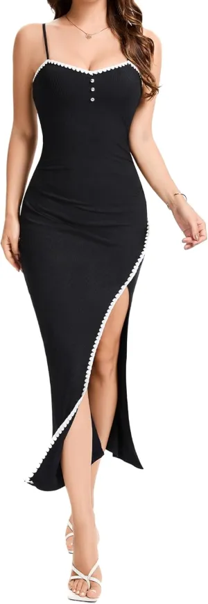 Dressystar Womens Spaghetti Strap Bodycon Formal Maxi Dress 2025 Summer Ribbed Sleeveless High Slit Embroidery Long Dresses