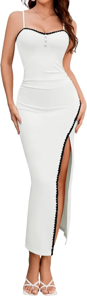 Dressystar Womens Spaghetti Strap Bodycon Formal Maxi Dress 2025 Summer Ribbed Sleeveless High Slit Embroidery Long Dresses