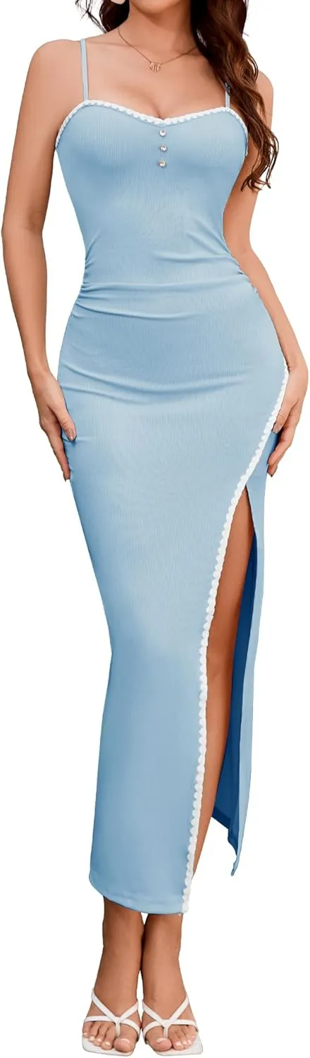 Dressystar Womens Spaghetti Strap Bodycon Formal Maxi Dress 2025 Summer Ribbed Sleeveless High Slit Embroidery Long Dresses