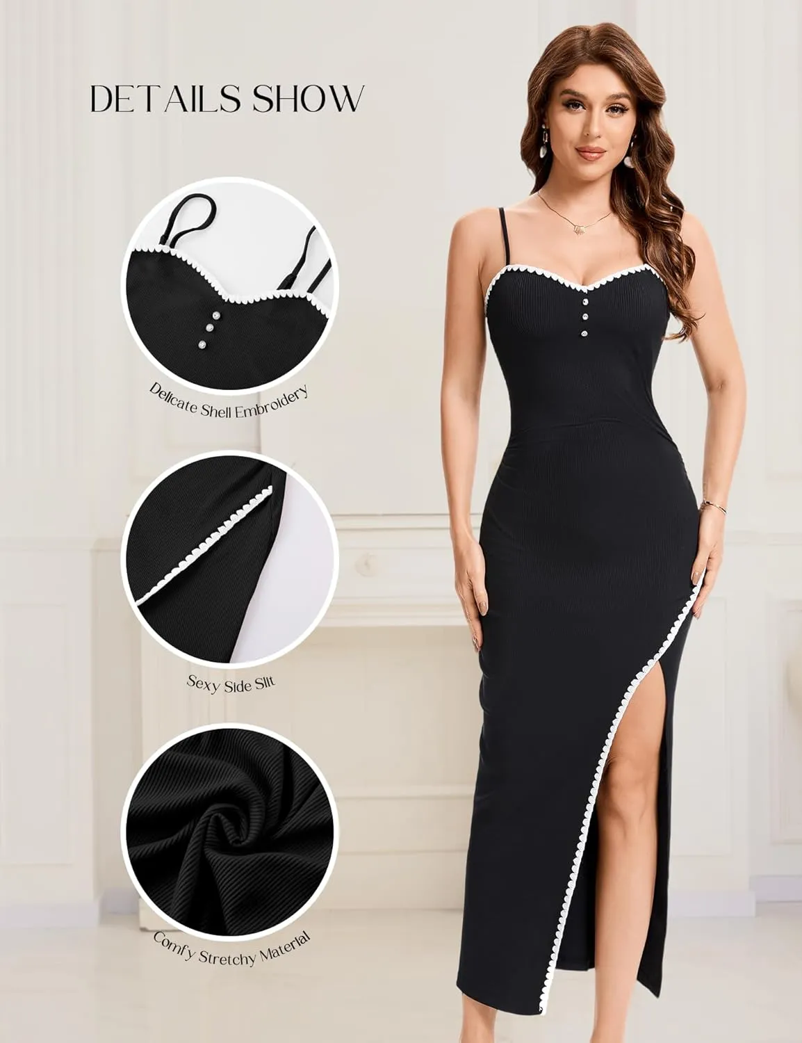 Dressystar Womens Spaghetti Strap Bodycon Formal Maxi Dress 2025 Summer Ribbed Sleeveless High Slit Embroidery Long Dresses