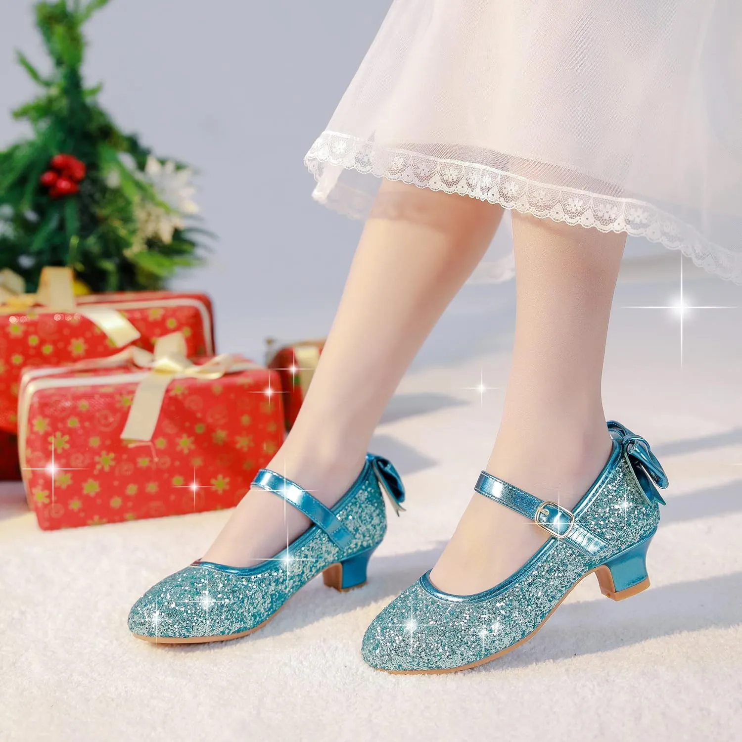 Dufannie Girls Dress Shoes Low Heel Princess Flats Mary Jane Flower Wedding Party Glitter Shoes for Kids Toddler