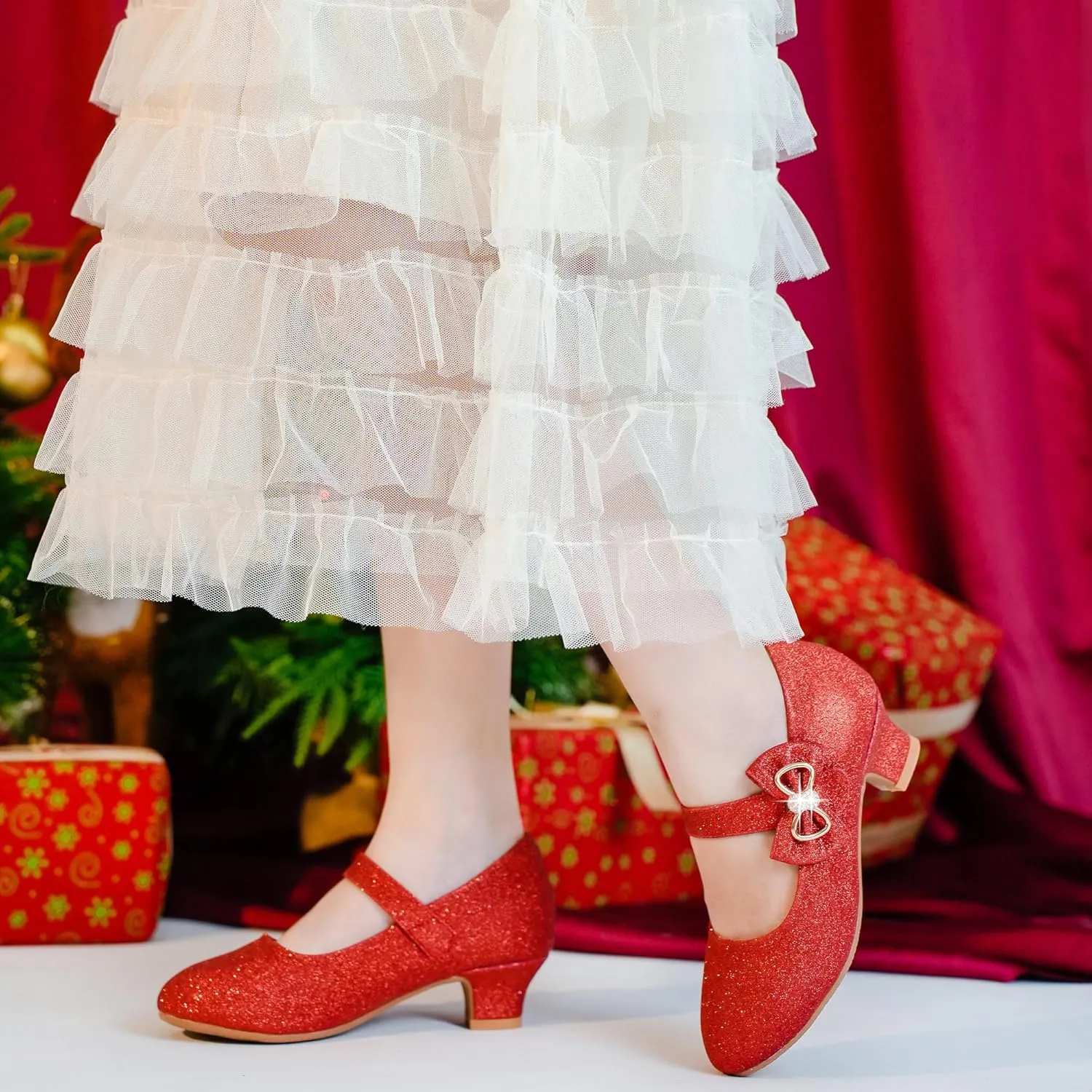 Dufannie Girls Dress Shoes Low Heel Princess Flats Mary Jane Flower Wedding Party Glitter Shoes for Kids Toddler