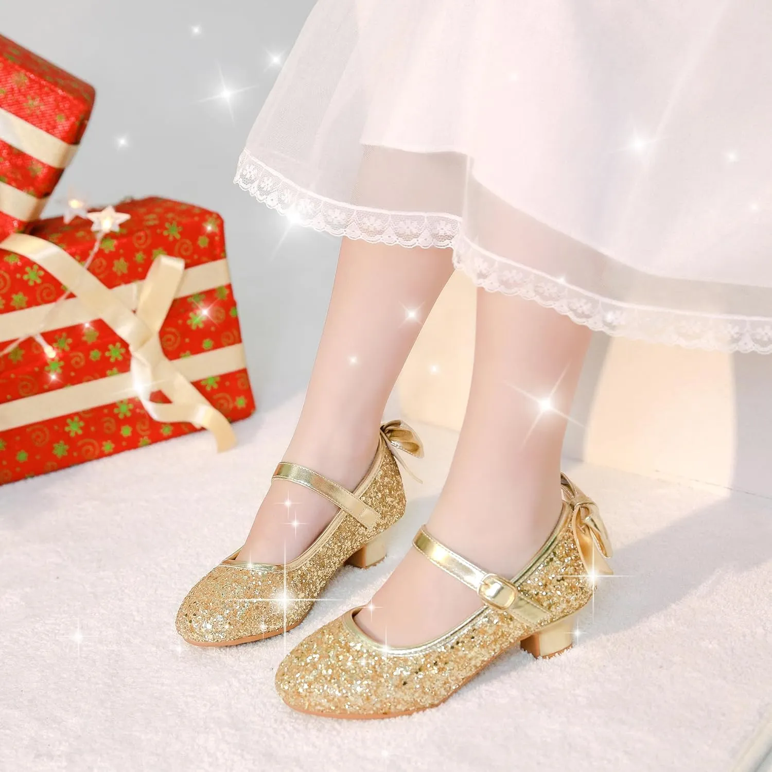 Dufannie Girls Dress Shoes Low Heel Princess Flats Mary Jane Flower Wedding Party Glitter Shoes for Kids Toddler