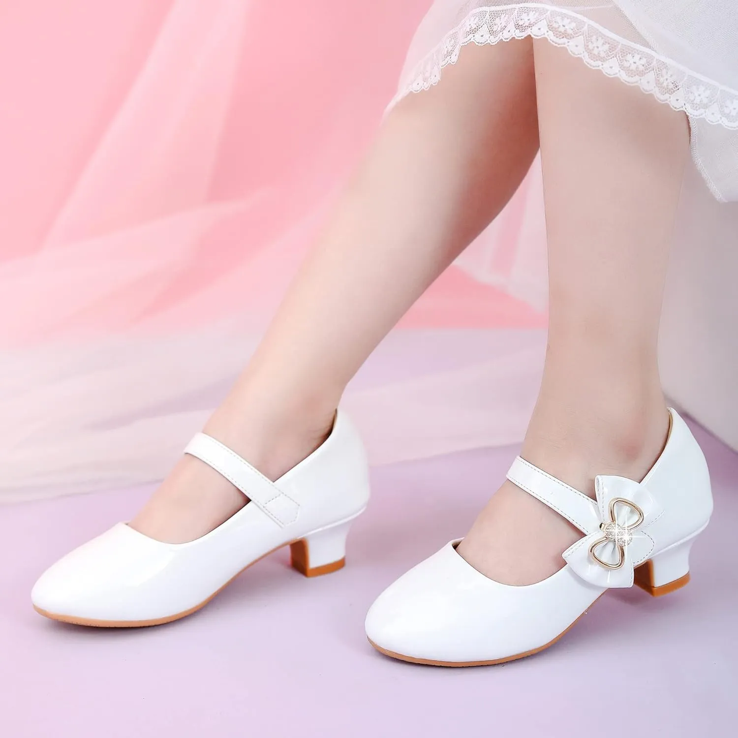 Dufannie Girls Dress Shoes Low Heel Princess Flats Mary Jane Flower Wedding Party Glitter Shoes for Kids Toddler
