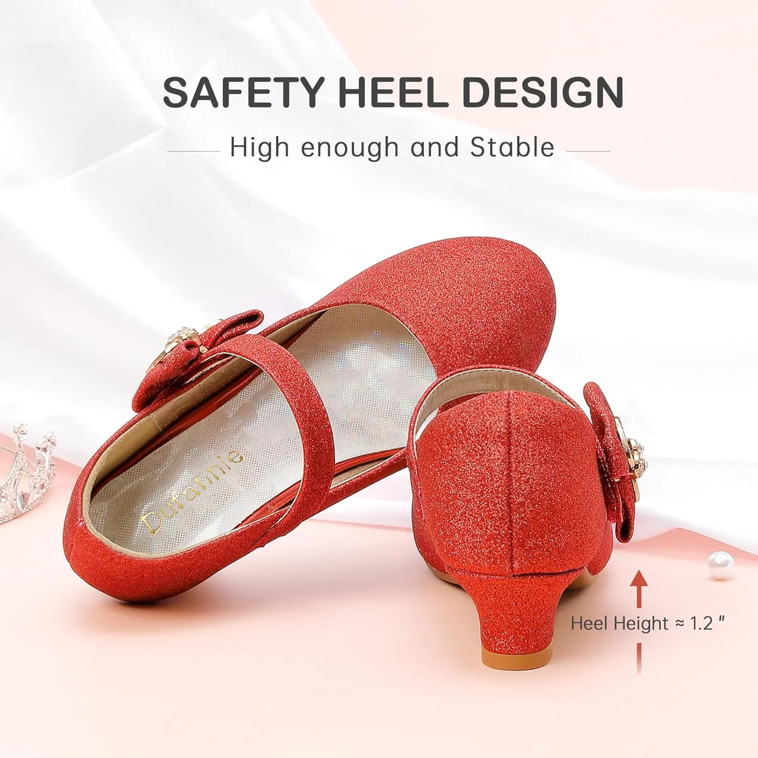 Dufannie Girls Dress Shoes Low Heel Princess Flats Mary Jane Flower Wedding Party Glitter Shoes for Kids Toddler
