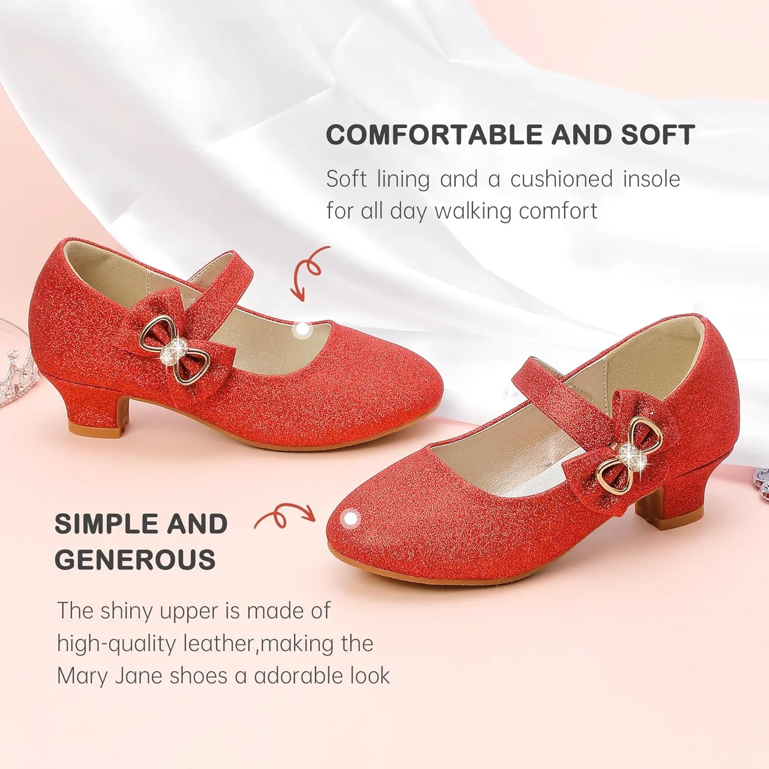 Dufannie Girls Dress Shoes Low Heel Princess Flats Mary Jane Flower Wedding Party Glitter Shoes for Kids Toddler