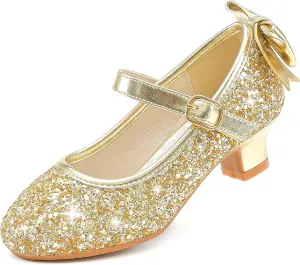 Dufannie Girls Dress Shoes Low Heel Princess Flats Mary Jane Flower Wedding Party Glitter Shoes for Kids Toddler