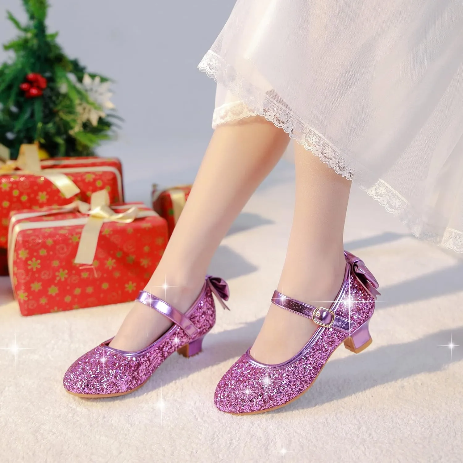 Dufannie Girls Dress Shoes Low Heel Princess Flats Mary Jane Flower Wedding Party Glitter Shoes for Kids Toddler