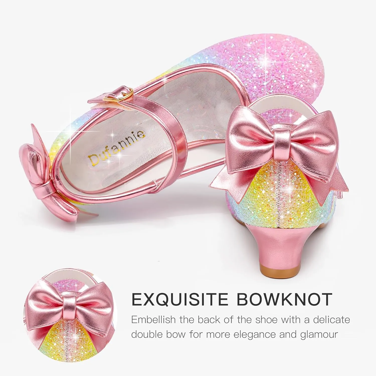 Dufannie Girls Dress Shoes Low Heel Princess Flats Mary Jane Flower Wedding Party Glitter Shoes for Kids Toddler