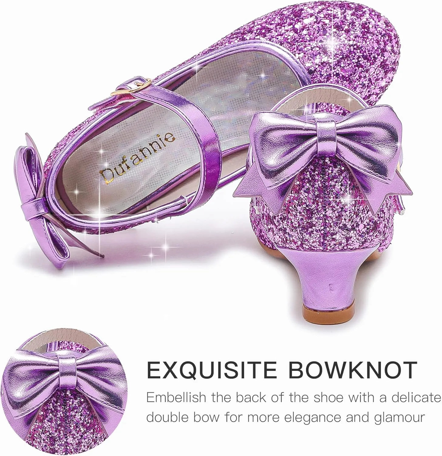 Dufannie Girls Dress Shoes Low Heel Princess Flats Mary Jane Flower Wedding Party Glitter Shoes for Kids Toddler