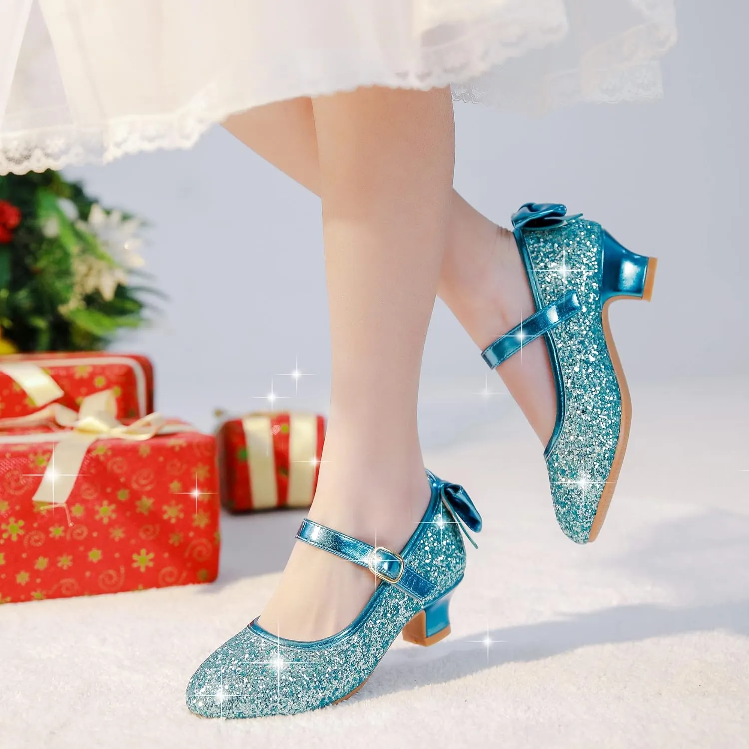Dufannie Girls Dress Shoes Low Heel Princess Flats Mary Jane Flower Wedding Party Glitter Shoes for Kids Toddler