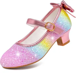 Dufannie Girls Dress Shoes Low Heel Princess Flats Mary Jane Flower Wedding Party Glitter Shoes for Kids Toddler