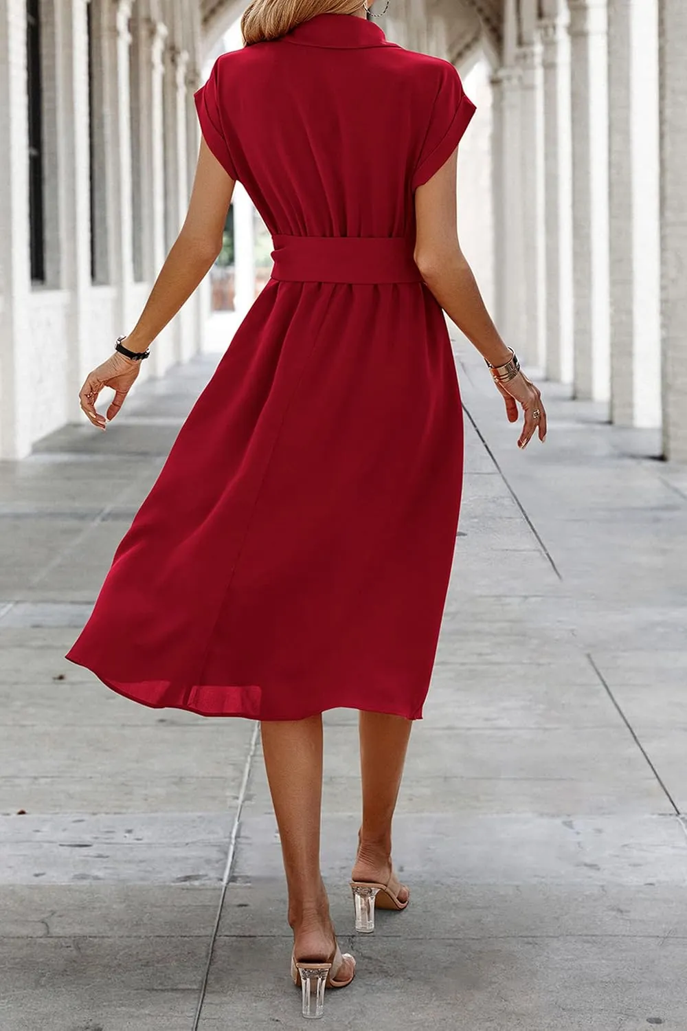 ECOWISH Womens Casual Midi Dresses Solid V Neck Short Sleeve Button Shirt Belted Dress with Pockets for Spring Summer 2025
