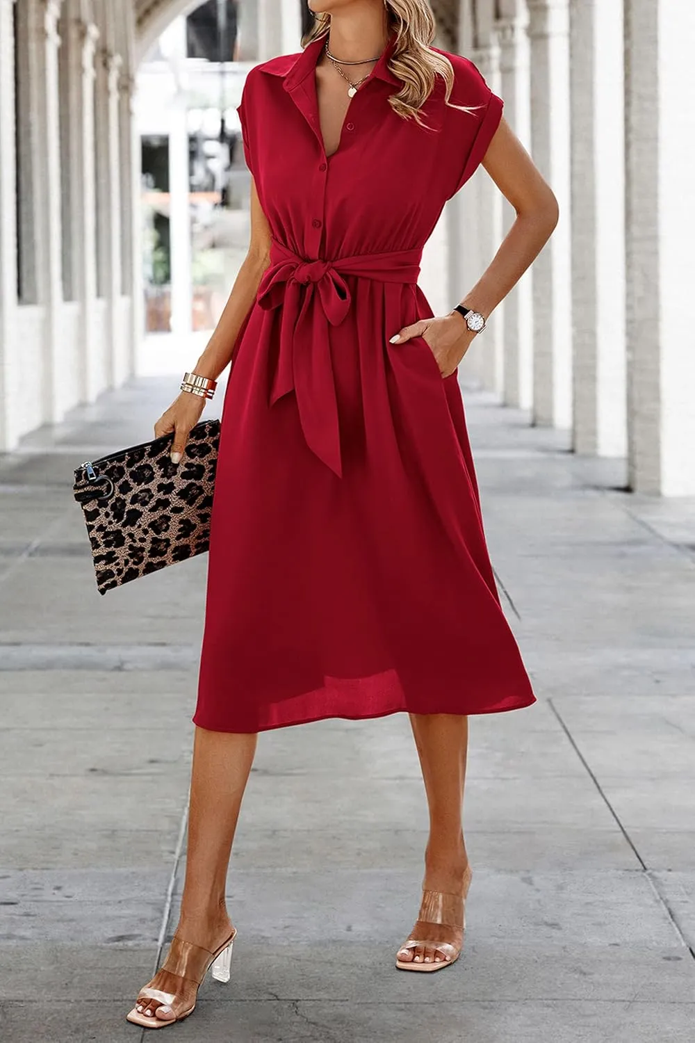 ECOWISH Womens Casual Midi Dresses Solid V Neck Short Sleeve Button Shirt Belted Dress with Pockets for Spring Summer 2025