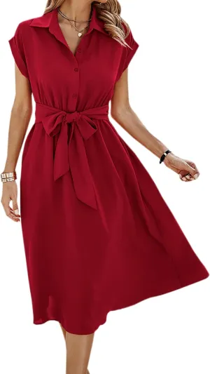 ECOWISH Womens Casual Midi Dresses Solid V Neck Short Sleeve Button Shirt Belted Dress with Pockets for Spring Summer 2025