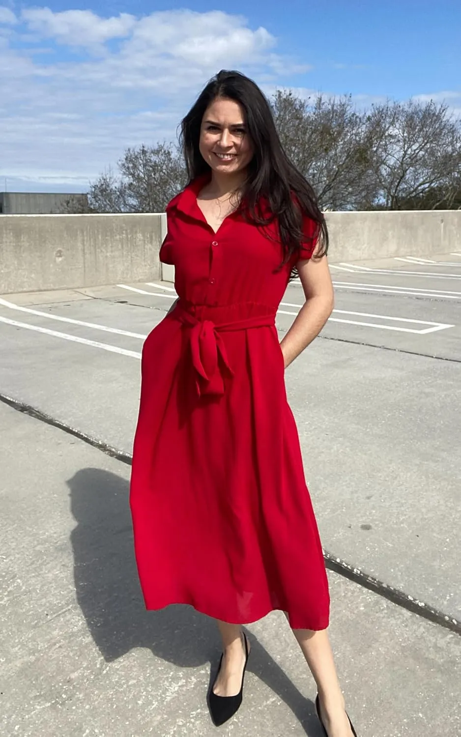 ECOWISH Womens Casual Midi Dresses Solid V Neck Short Sleeve Button Shirt Belted Dress with Pockets for Spring Summer 2025