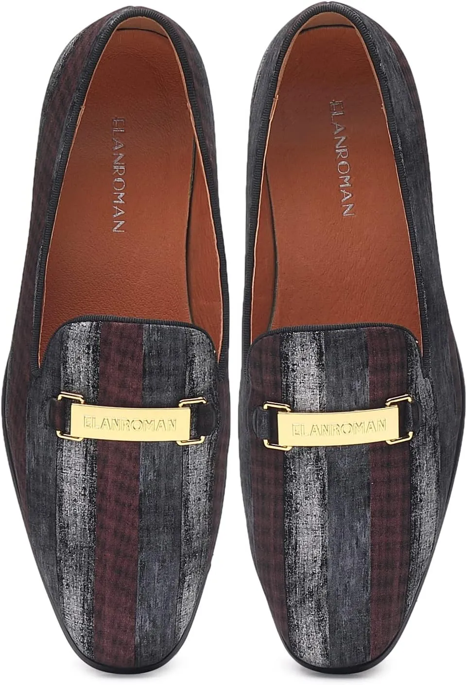 ELANROMAN Men's Gold Buckle Loafers Fashion Pull-on Penny Party Wedding Shoes