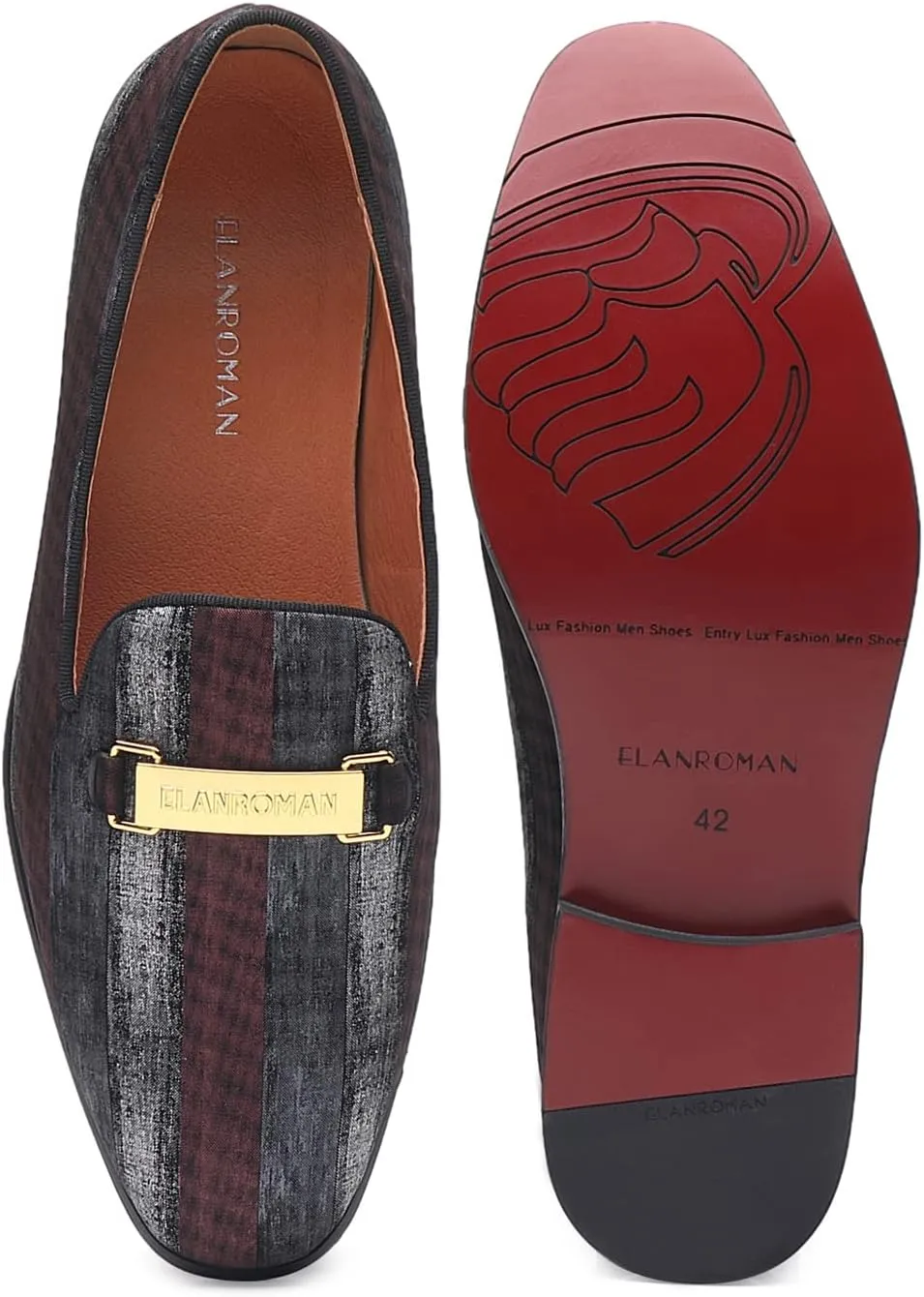 ELANROMAN Men's Gold Buckle Loafers Fashion Pull-on Penny Party Wedding Shoes