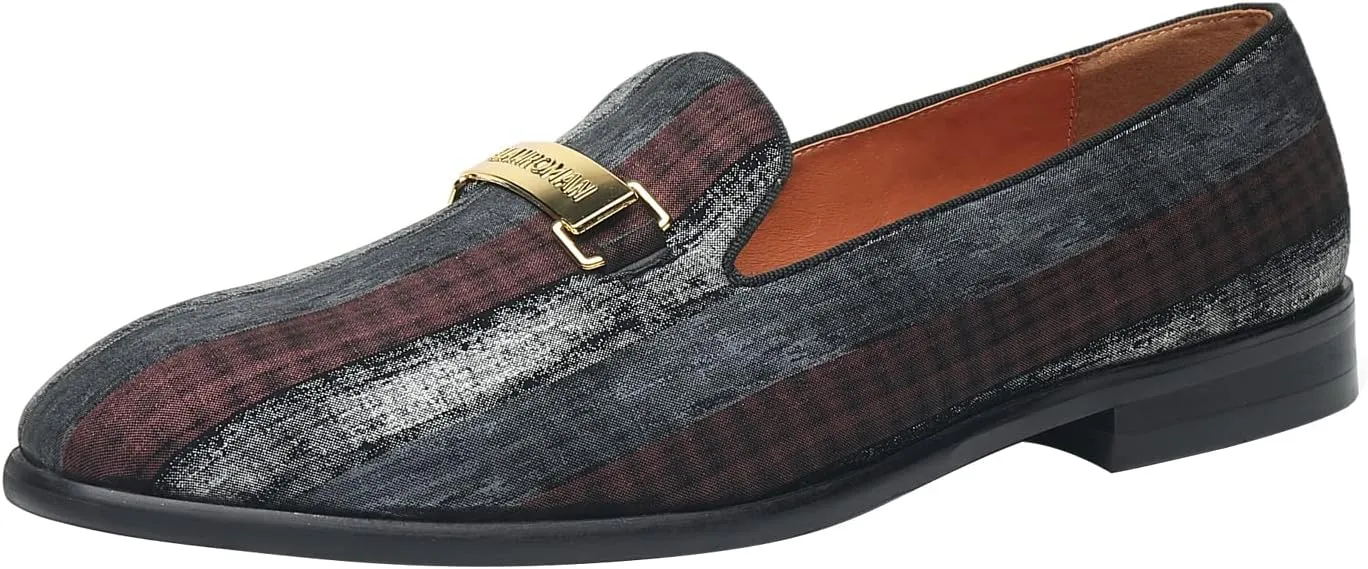 ELANROMAN Men's Gold Buckle Loafers Fashion Pull-on Penny Party Wedding Shoes