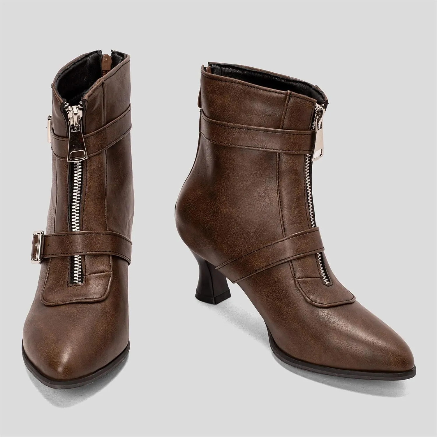 Elbslutt Women's Low Kitten Heel Booties Pointed Toe Ankle Boots Zip Buckles Strap Short Boots Dress Shoes