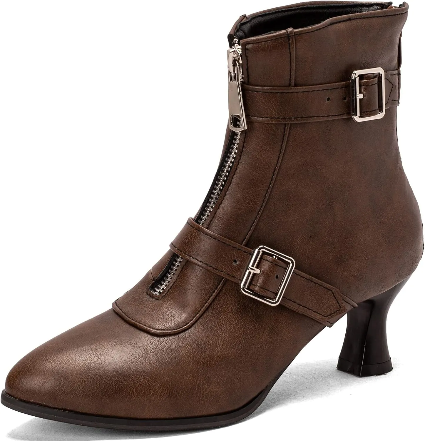 Elbslutt Women's Low Kitten Heel Booties Pointed Toe Ankle Boots Zip Buckles Strap Short Boots Dress Shoes