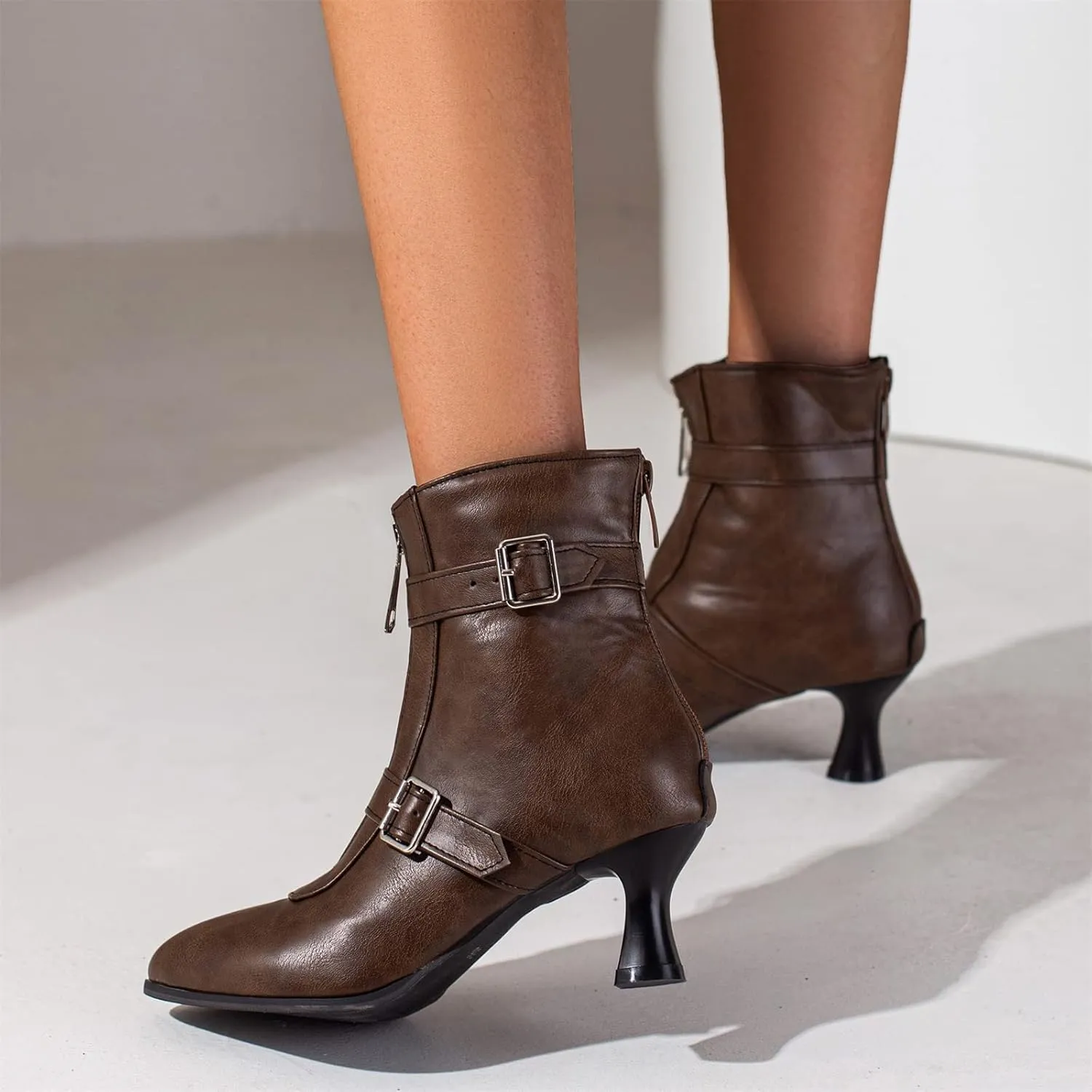Elbslutt Women's Low Kitten Heel Booties Pointed Toe Ankle Boots Zip Buckles Strap Short Boots Dress Shoes