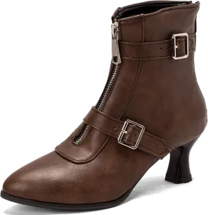 Elbslutt Women's Low Kitten Heel Booties Pointed Toe Ankle Boots Zip Buckles Strap Short Boots Dress Shoes