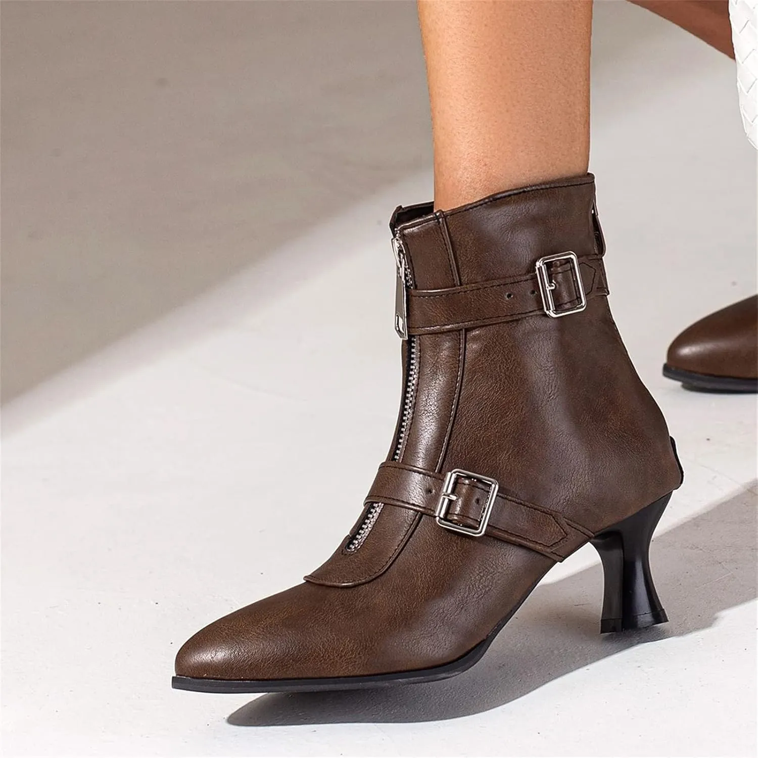 Elbslutt Women's Low Kitten Heel Booties Pointed Toe Ankle Boots Zip Buckles Strap Short Boots Dress Shoes