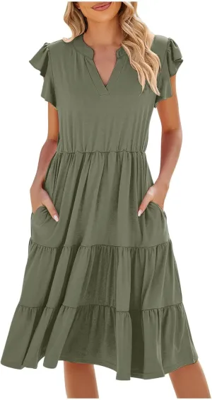 Elegant Multi-Layered Ruffle Side Dress for Women Trendy Round Neck Maxi Skirt Short Sleeve Dresses Vacation Beach