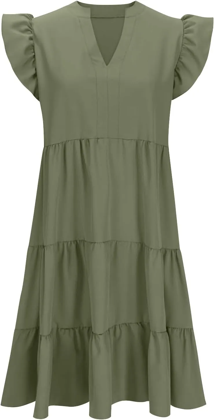 Elegant Multi-Layered Ruffle Side Dress for Women Trendy Round Neck Maxi Skirt Short Sleeve Dresses Vacation Beach