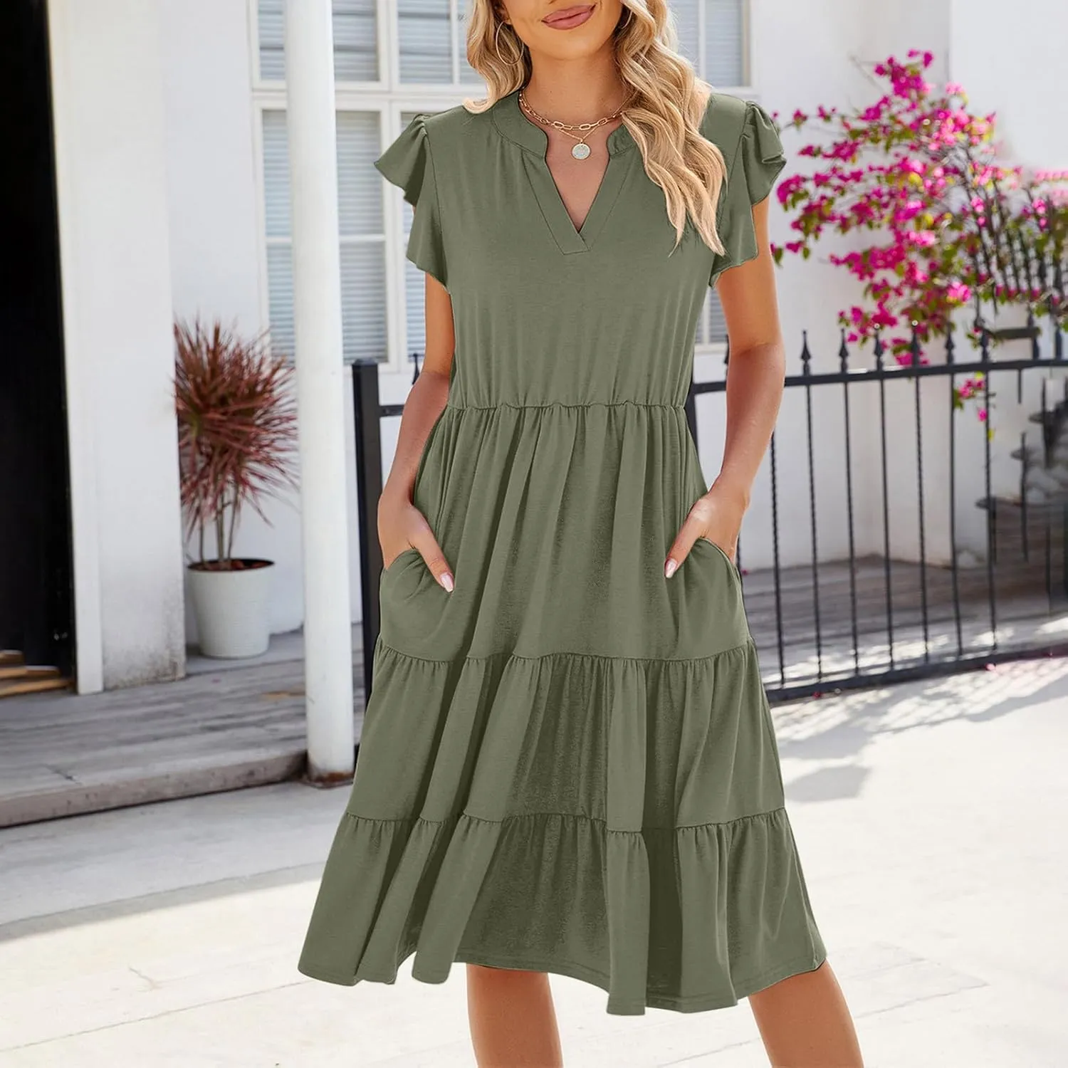 Elegant Multi-Layered Ruffle Side Dress for Women Trendy Round Neck Maxi Skirt Short Sleeve Dresses Vacation Beach