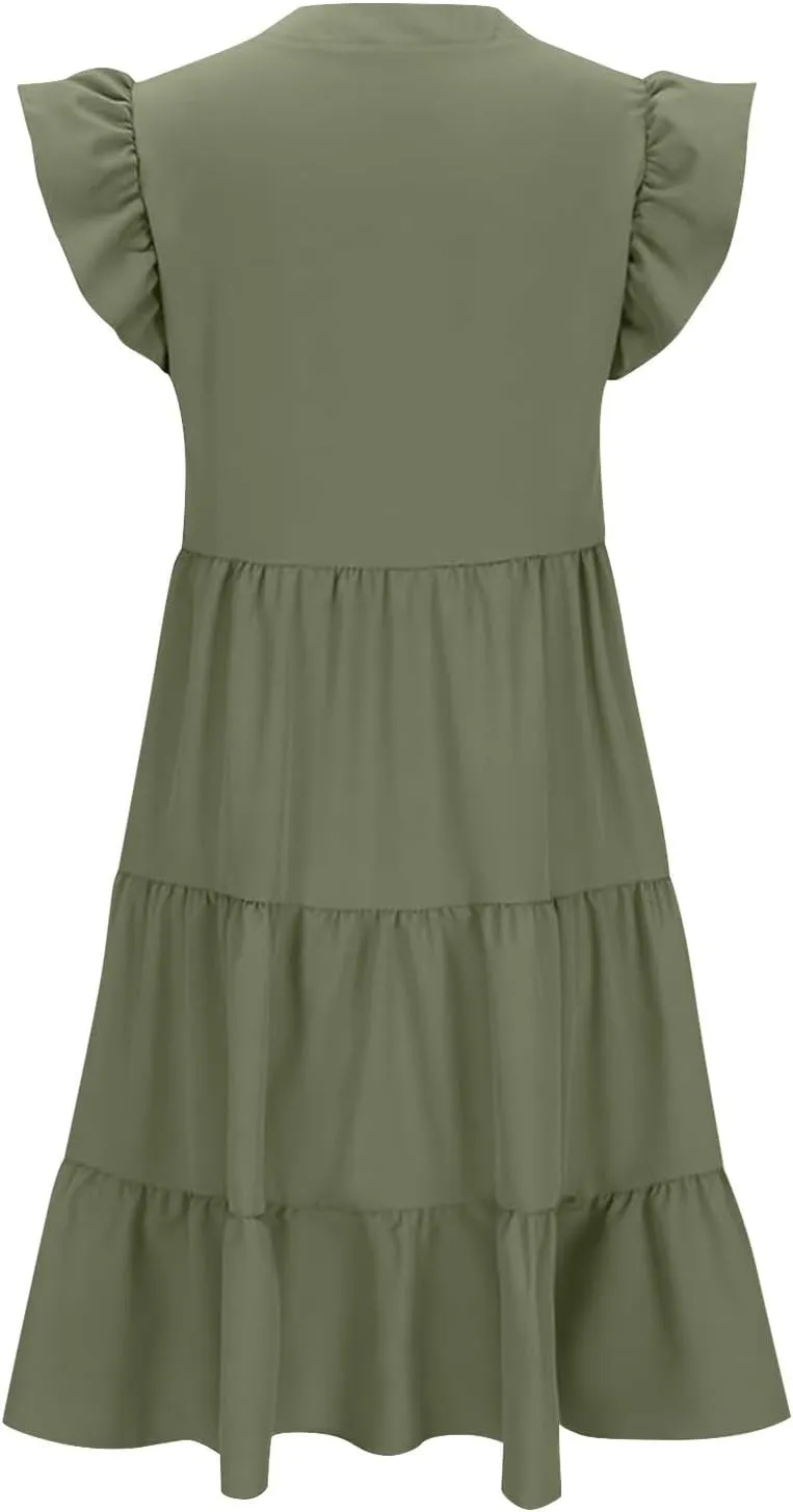 Elegant Multi-Layered Ruffle Side Dress for Women Trendy Round Neck Maxi Skirt Short Sleeve Dresses Vacation Beach