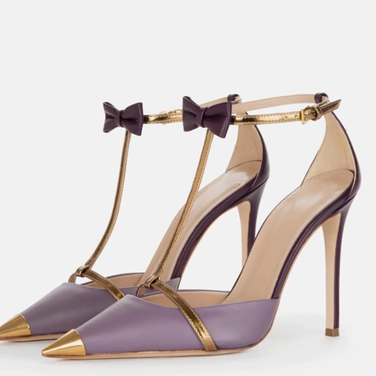 Elegant T-Strap Bow Knot High Heels Pointed Toe Stiletto Strappy Pumps