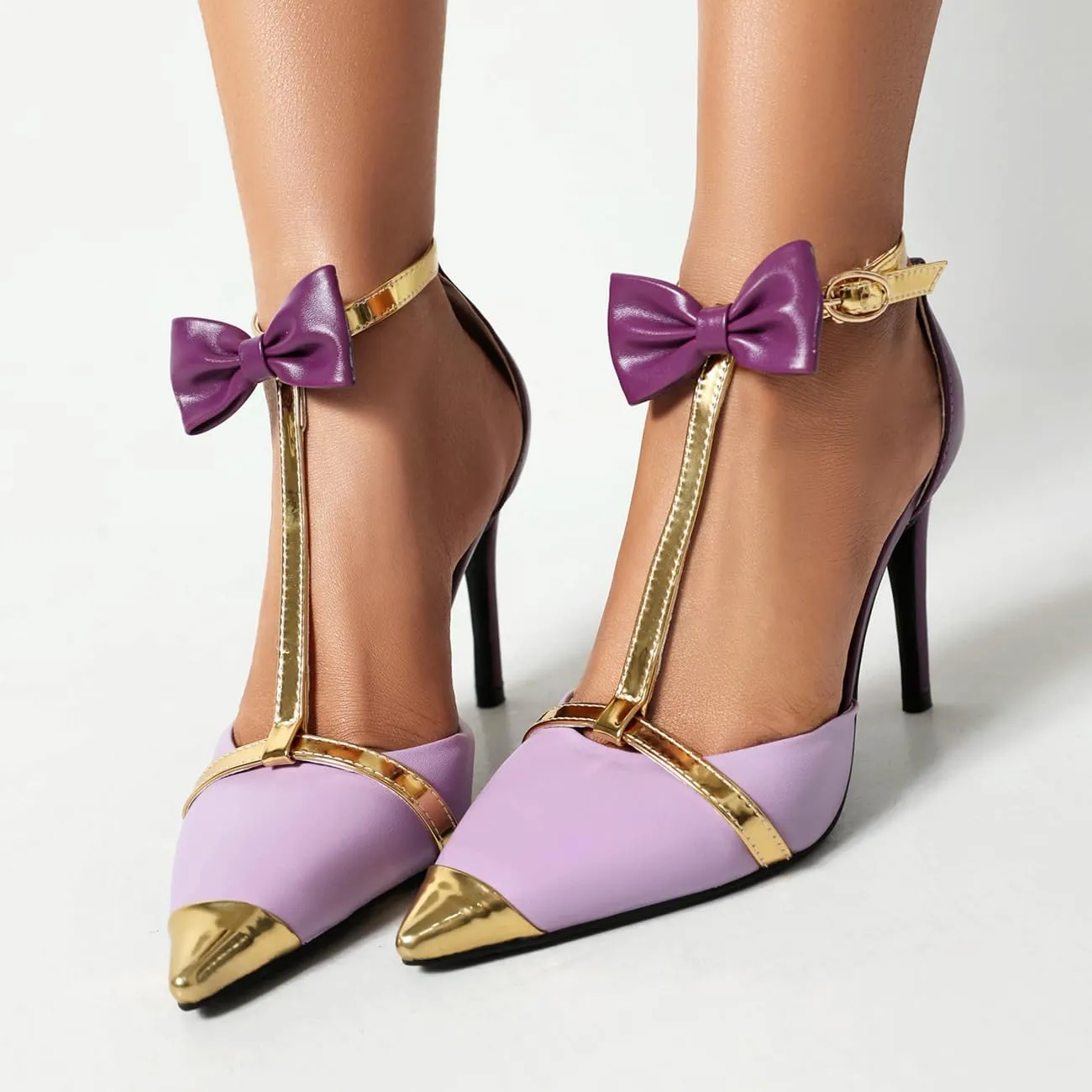 Elegant T-Strap Bow Knot High Heels Pointed Toe Stiletto Strappy Pumps