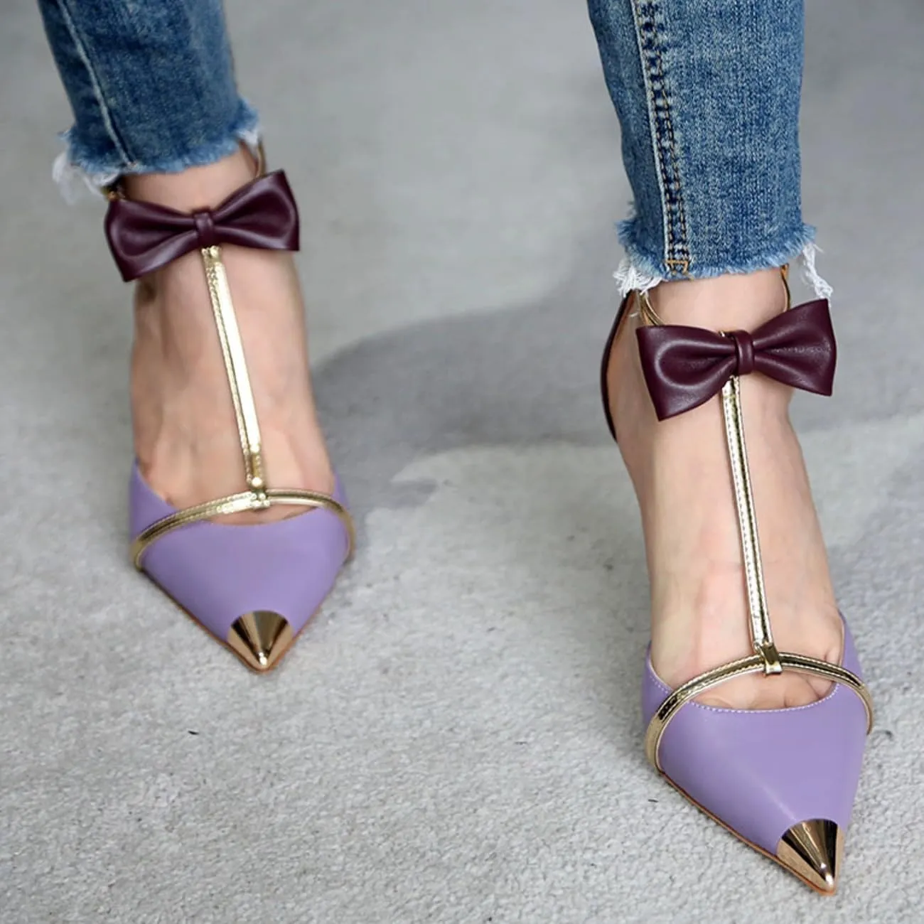 Elegant T-Strap Bow Knot High Heels Pointed Toe Stiletto Strappy Pumps