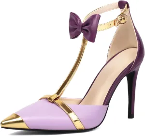 Elegant T-Strap Bow Knot High Heels Pointed Toe Stiletto Strappy Pumps