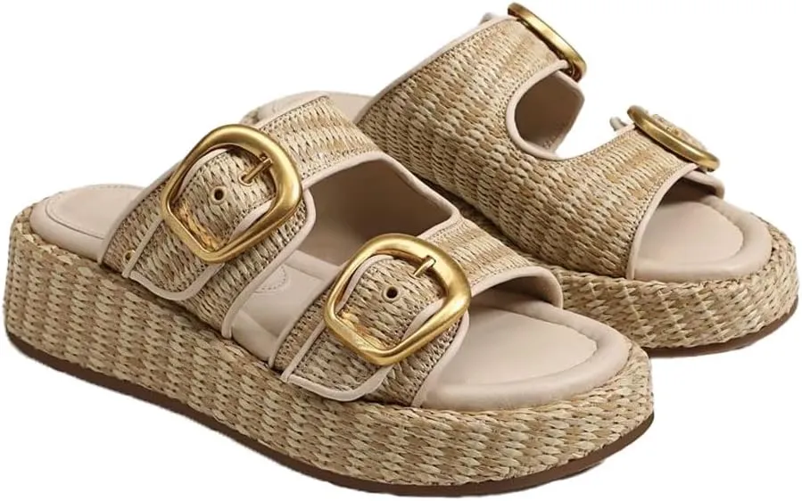 Espadrilles Platform Sandals Women Double Buckles Cute Beach Straw Raffia Sandals Comfortable Wedge Slides Shoes Vacation for Women