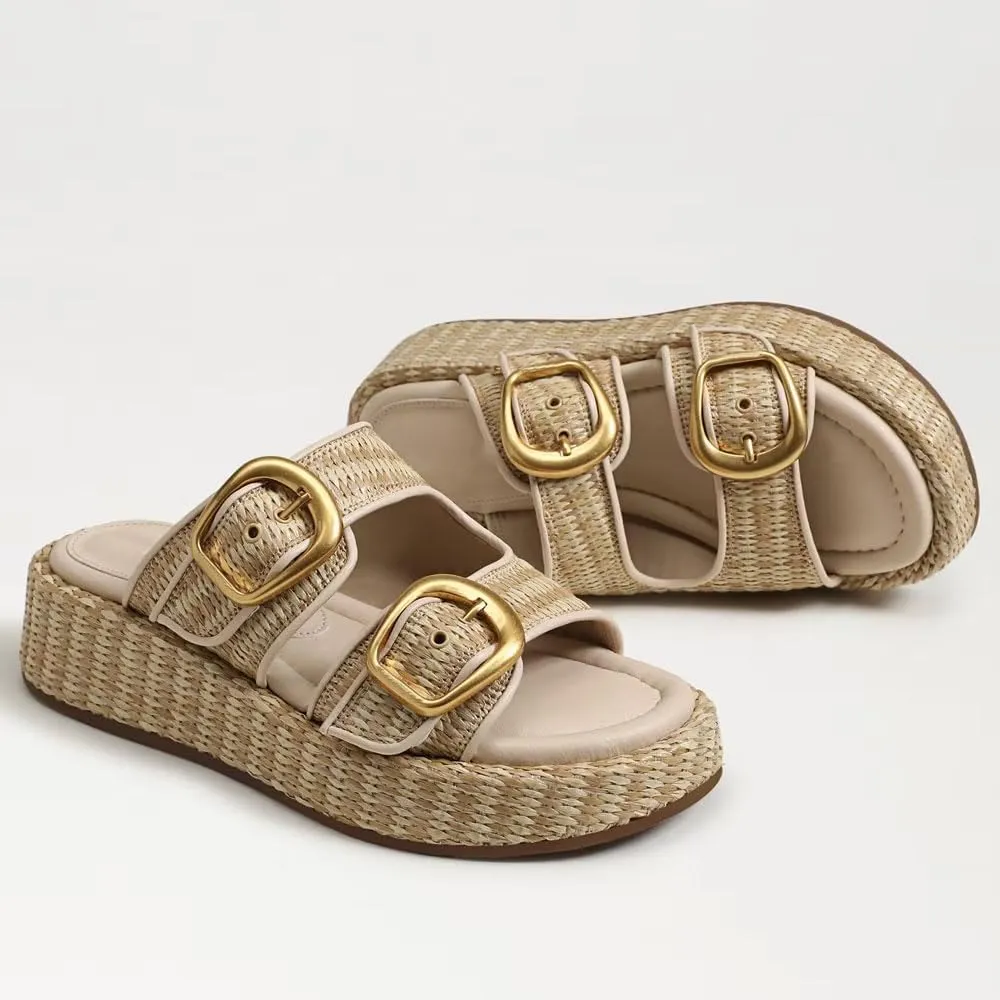 Espadrilles Platform Sandals Women Double Buckles Cute Beach Straw Raffia Sandals Comfortable Wedge Slides Shoes Vacation for Women