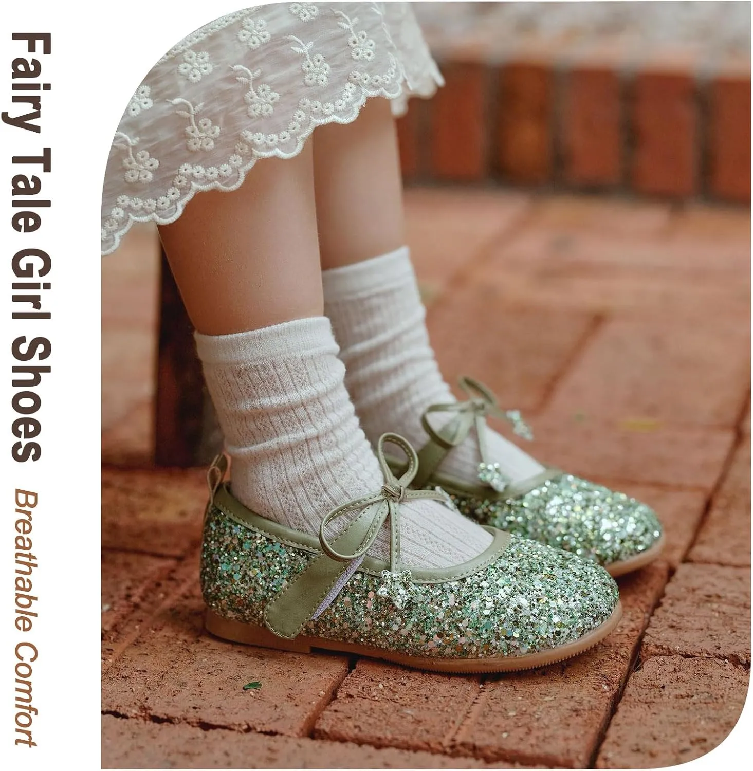Fairy Tale Kids Shoes, Girls Mary Jane ‌Ballet Flats 2-7 Years, Glitter Princess Shoes with Breathable Pigskin Lining for Flower Girl/Pageant/Party