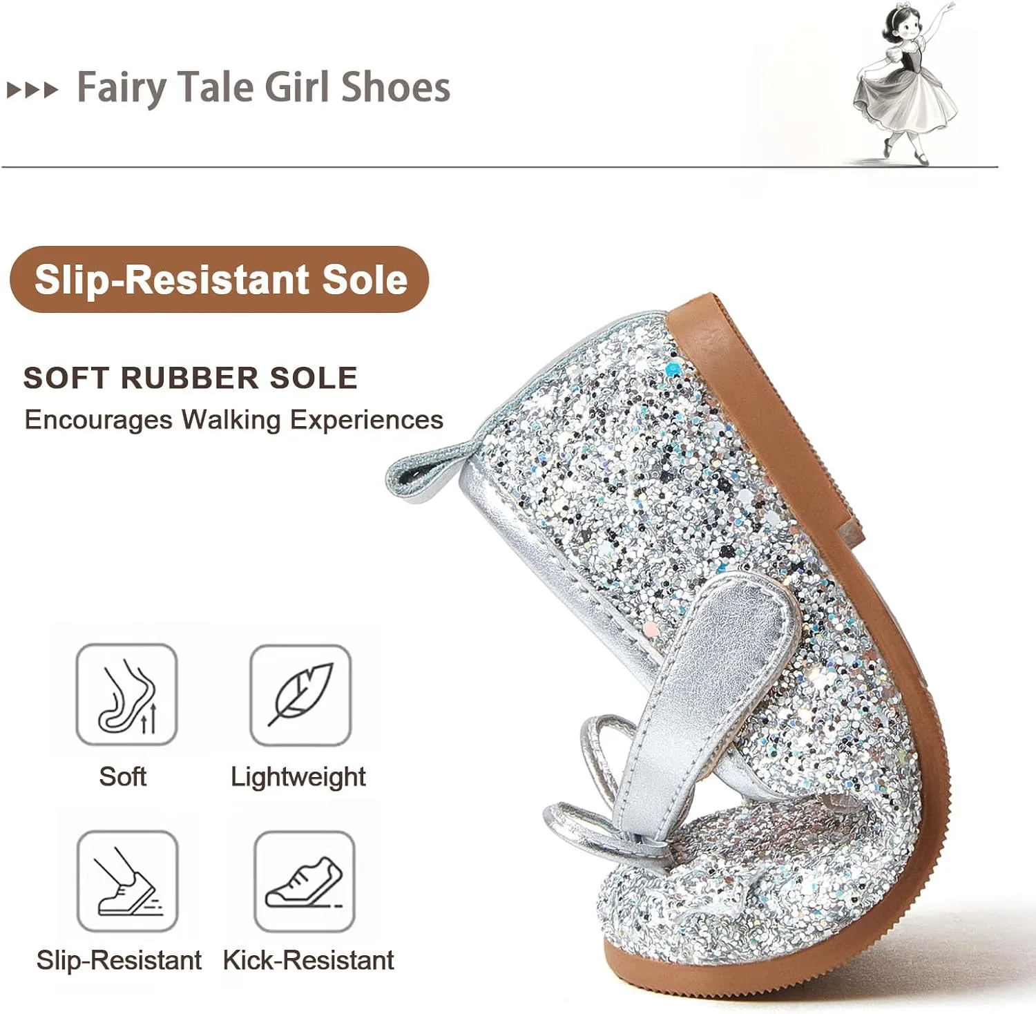 Fairy Tale Kids Shoes, Girls Mary Jane ‌Ballet Flats 2-7 Years, Glitter Princess Shoes with Breathable Pigskin Lining for Flower Girl/Pageant/Party