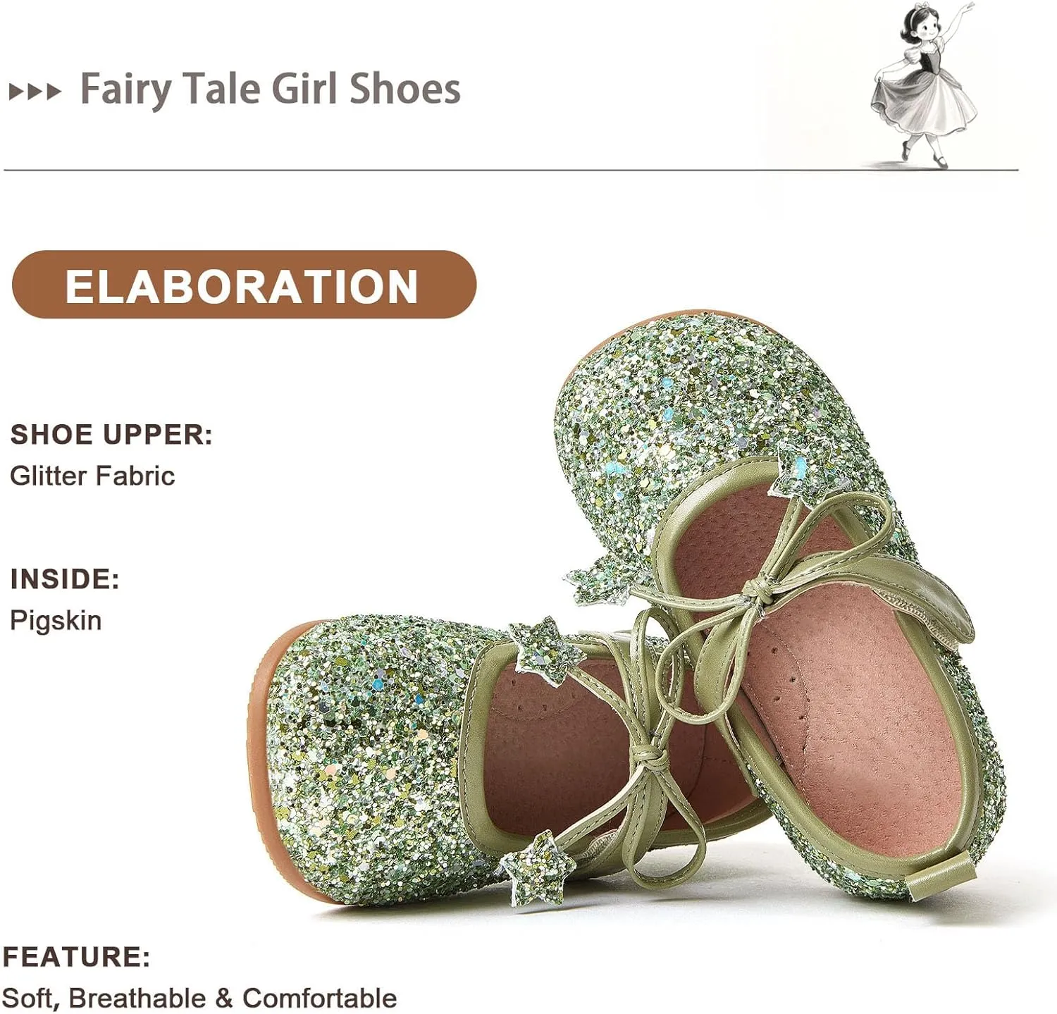 Fairy Tale Kids Shoes, Girls Mary Jane ‌Ballet Flats 2-7 Years, Glitter Princess Shoes with Breathable Pigskin Lining for Flower Girl/Pageant/Party