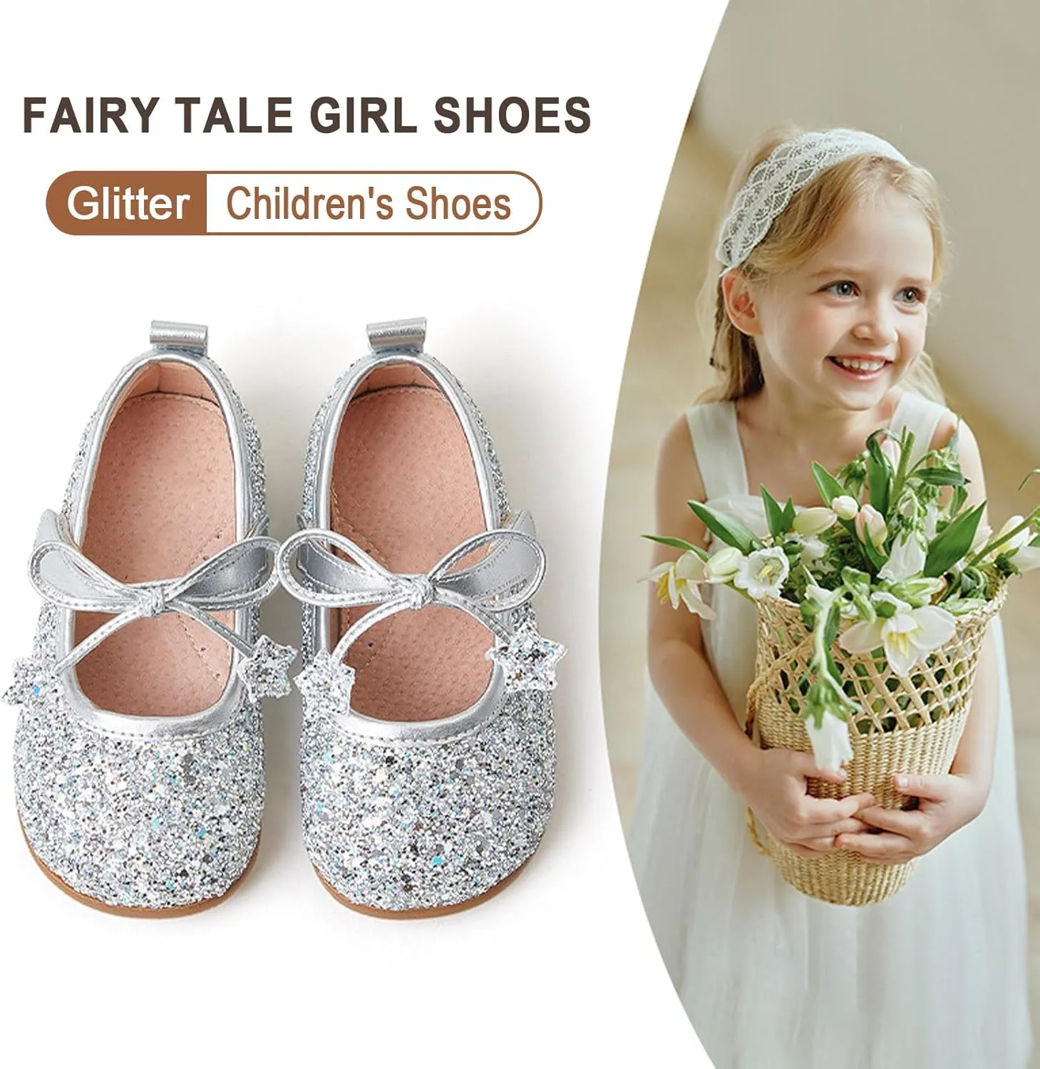 Fairy Tale Kids Shoes, Girls Mary Jane ‌Ballet Flats 2-7 Years, Glitter Princess Shoes with Breathable Pigskin Lining for Flower Girl/Pageant/Party