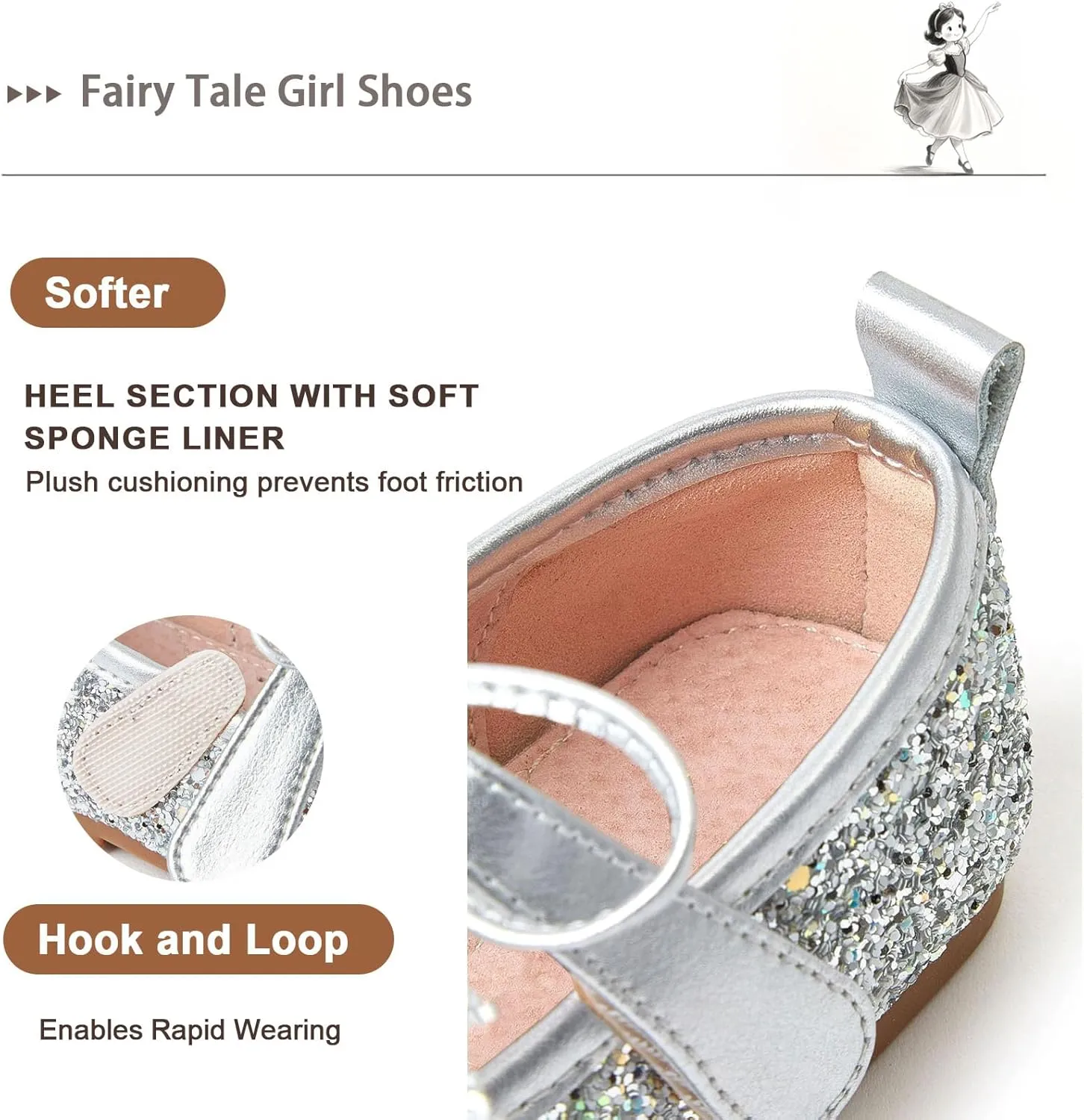 Fairy Tale Kids Shoes, Girls Mary Jane ‌Ballet Flats 2-7 Years, Glitter Princess Shoes with Breathable Pigskin Lining for Flower Girl/Pageant/Party