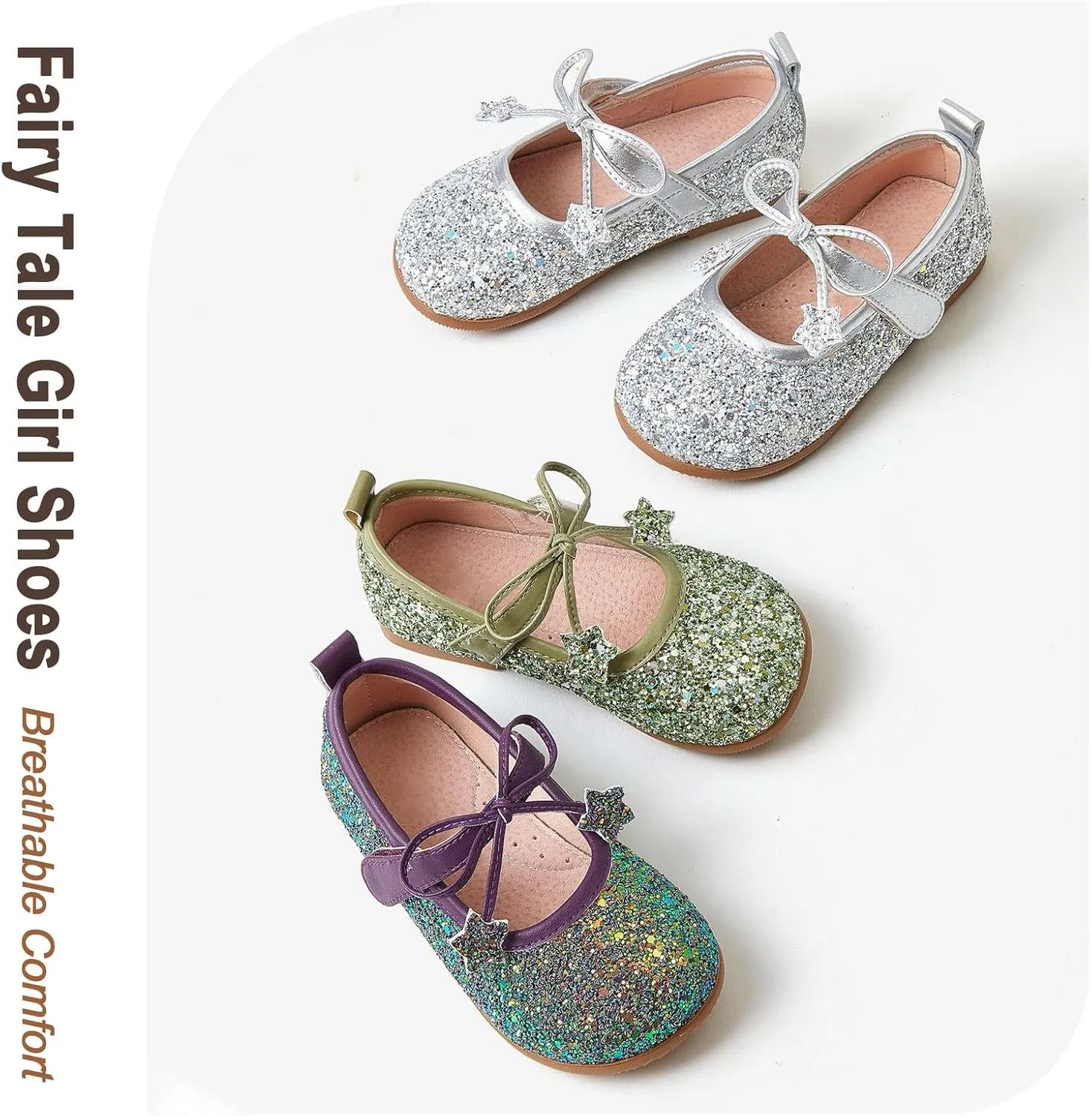 Fairy Tale Kids Shoes, Girls Mary Jane ‌Ballet Flats 2-7 Years, Glitter Princess Shoes with Breathable Pigskin Lining for Flower Girl/Pageant/Party