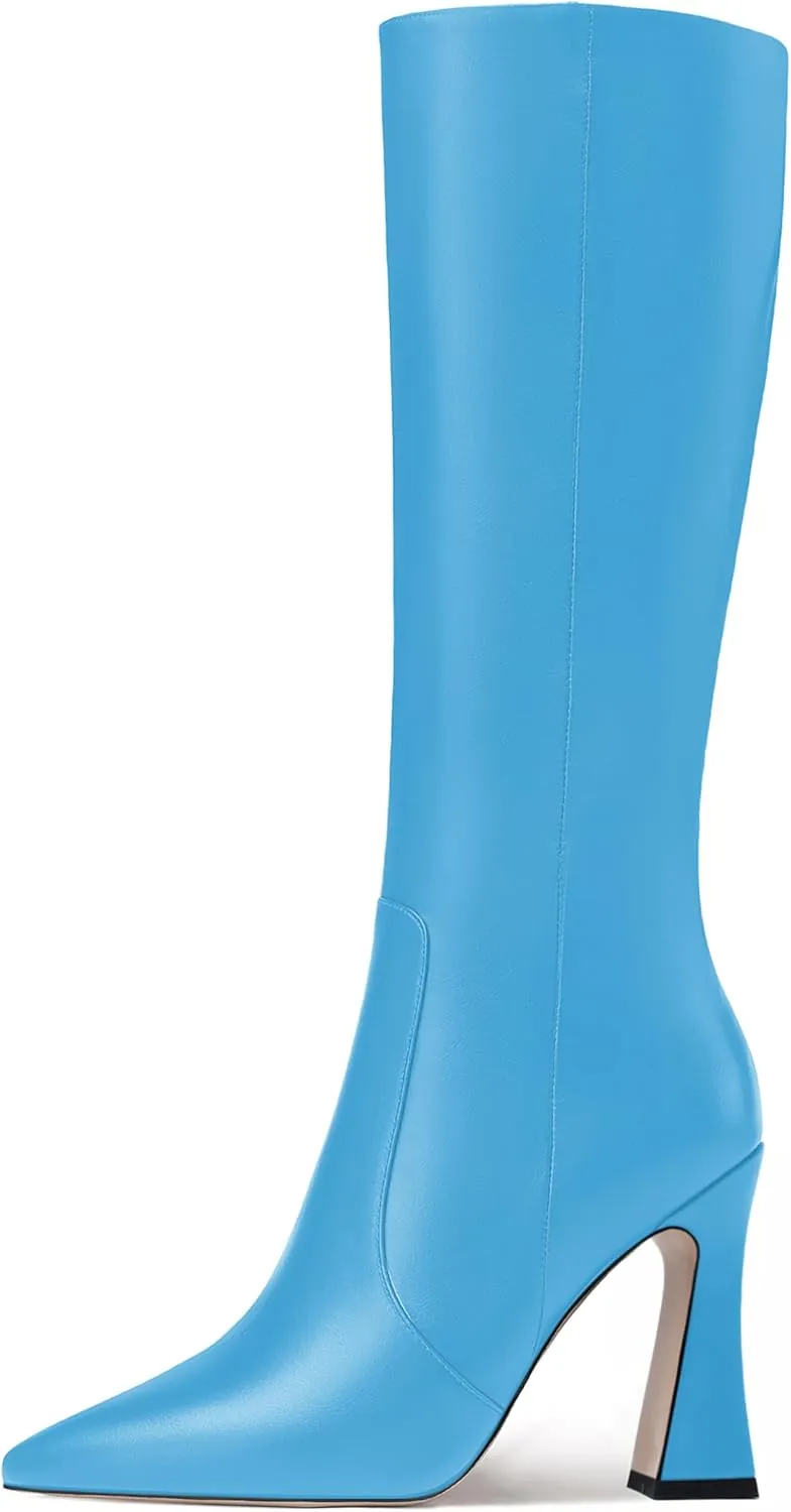 FEMSTEP Womens Formal Zip Outdoor Pointed Toe Matte Spool High Heel Knee High Boots 4 Inch