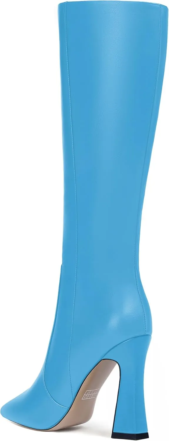 FEMSTEP Womens Formal Zip Outdoor Pointed Toe Matte Spool High Heel Knee High Boots 4 Inch